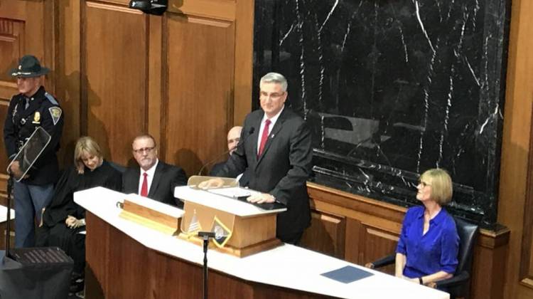 Gov. Eric Holcomb (R-Ind.) delivers the 2018 State of the State address from the Indiana House Chamber. - Brandon Smith/IPB News