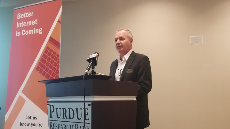 Tipmont REMC President and CEO Ron Holcomb announces the company's acquisition of Wintek Corporation in efforts to expand access for rural broadband. - Samantha Horton/IPB News