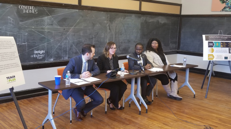 Stand for Children Executive Director Justin Ohlemiller, reading instructor Danica Park, Tindley Summit Academy principal David McGuire, and IPS parent LaToya Tahirou helped present the report. - Jeanie Lindsay/IPB News