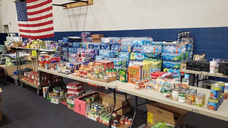 A food pantry is set up in gym of the UAW Local 685 union hall from food donated to help members in need during the strike against General Motors. - Samantha Horton/IPB News