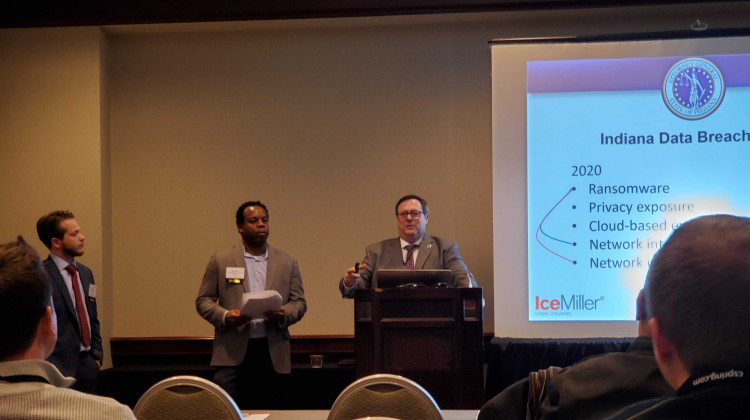 (left to right) Ice Miller associate Mason Clark and partner Stephen Reynolds present with Office of Attorney General Section Chief Doug Swetnam at the Indiana Chamber 2020 Business Technology Summit. - Samantha Horton/IPB News