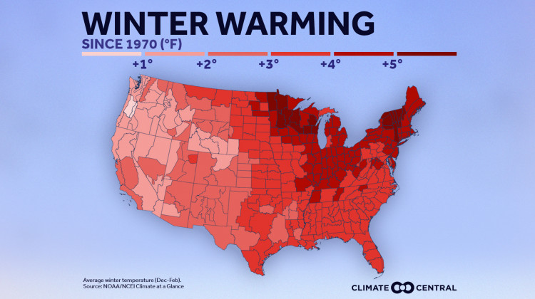 This map shows winter warming for 2020 in the U.S. - Courtesy of Climate Central