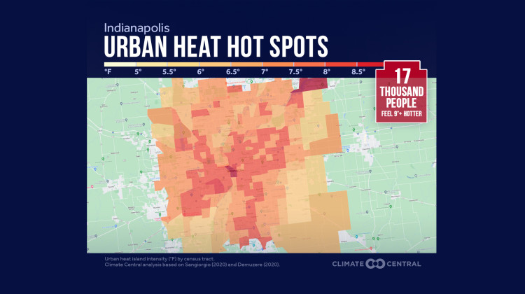 Temperatures in Indianapolis can vary by as much as nine degrees Fahrenheit.  - (Graphic courtesy of Climate Central)