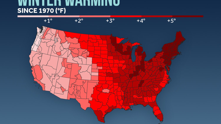 Climate Central, an independent research and reporting collaboration, reports the average winter temperature has gone up by between 4 and 5 degrees in Indiana from 1970 to 2023. - Courtesy of Climate Central