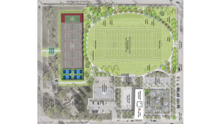 The project, first announced in 2023, will bring tennis and pickleball courts, a walking path and a multi-use football and soccer field to the park. The city says it expects to complete the project by early next year. - Courtesy of Indy Parks