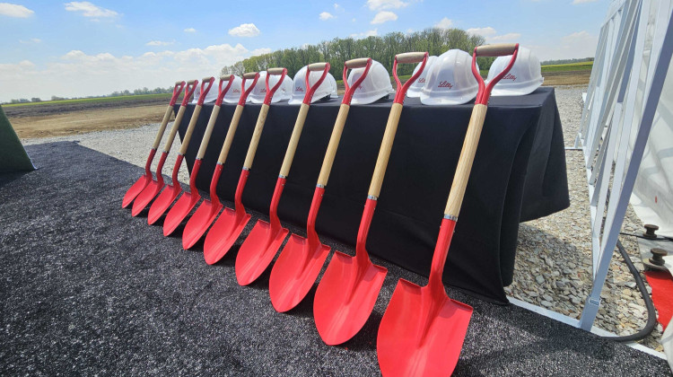 Ground was broken Tuesday on a new Eli Lilly facility northwest of Indianapolis. The event featured Lilly Chair and CEO Dave Ricks and Indiana Governor Mike Braun. - Jeremy Reuben / WFYI