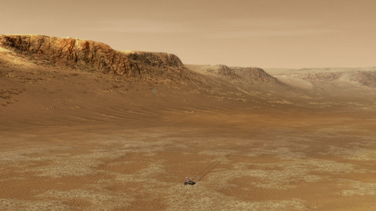 An artist rendering of Mars rover Perserverance exploring the Jezero Crater. - NASA/JPL-CalTech