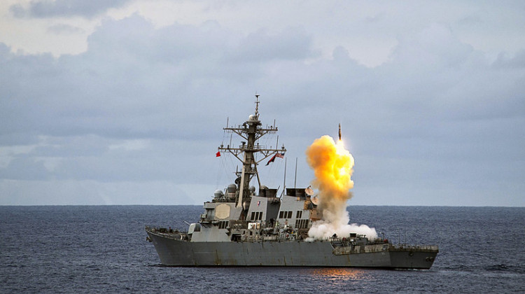 In this U.S. Navy photo from 2016, the Arleigh Burke-class guided-missile destroyer USS Benfold fires a standard missile at a target drone as part of a surface-to-air-missile exercise. - U.S. Navy photo by Mass Communication Specialist 2nd Class Andrew Schneider/Released