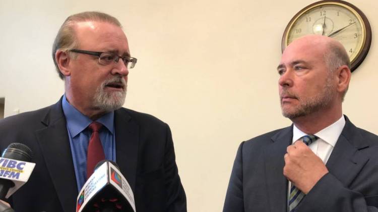 Senate President Pro Tem David Long (R-Fort Wayne) and House Speaker Brian Bosma (R-Indianapolis) discuss the 2017 legislative study committee agenda. - Brandon Smith/IPB News