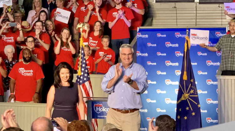 Gov. Eric Holcomb, with his wife Janet, officially launches his 2020 re-election campaign at the Hoosier Gym in Knightstown, Indiana. - Brandon Smith/IPB News