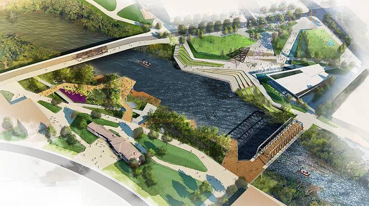 A rendering an aerial view of the proposed project along the St. Mary's River in downtown Fort Wayne. - Courtesy Riverworks Design Group/City of Fort Wayne
