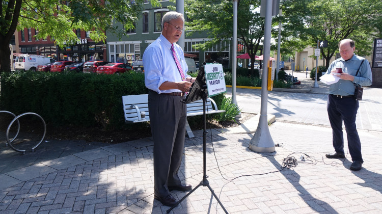 Republican mayoral candidate Jim Merritt says he will not march at Indianapolis's Pride Parade after organizers said he's not welcome, though he's not banned. - Emily Cox/WFYI