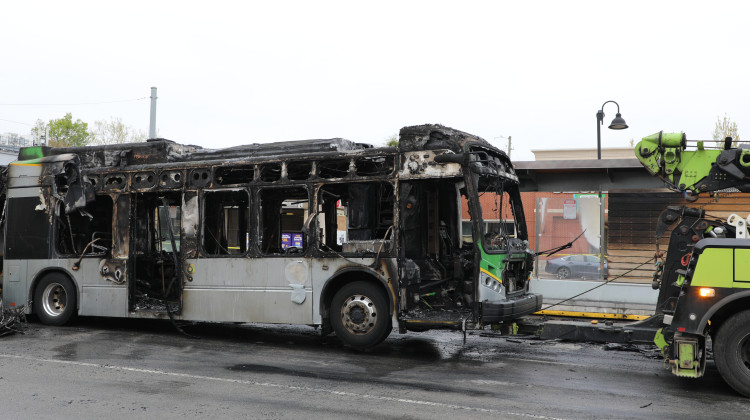 Two passengers who evacuated the bus were transported to Eskenazi Hospital by Indianapolis Emergency Medical Services with what were described as slight injuries. - Eric Weddle / WFYI