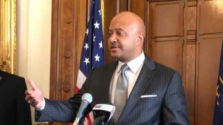 Indiana Attorney General Curtis Hill speaks at a May 2017 press conference.                       - FILE PHOTO: Brandon Smith/IPB News