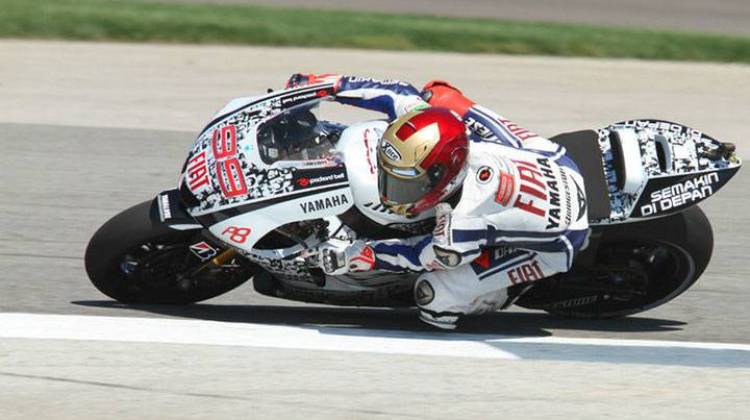 Rider Jorge Lorenzo during practice for the 2011 Red Bull Indianapolis Grand Prix.  - Doug Jaggers