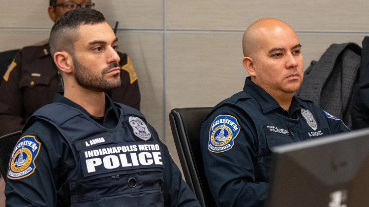IMPD officers, Adam Ahmad, left, and Steven Sanchez during the first day of their jury trial, which began on Monday, Dec. 2 at the Marion County Courthouse. - WTHR / Pool