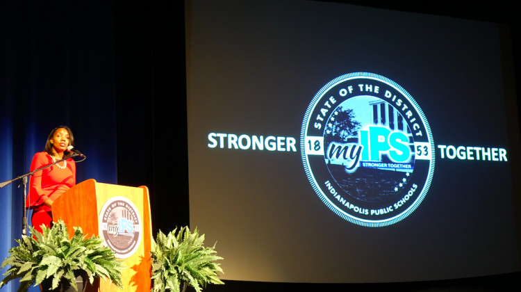 Indianapolis Public Schools Superintendent Aleesia Johnson speaks at the state of the district address Wednesday, Oc. 9, 2019 at Shortridge High School. - Eric Weddle/WFYI News