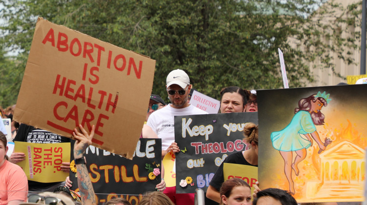 Abortion rights advocates on Saturday, June 25, 2022, at the Indiana Statehouse during a protest against the U.S. Supreme Court decision to end constitutional protections for abortion. - Eric Weddle/WFYI