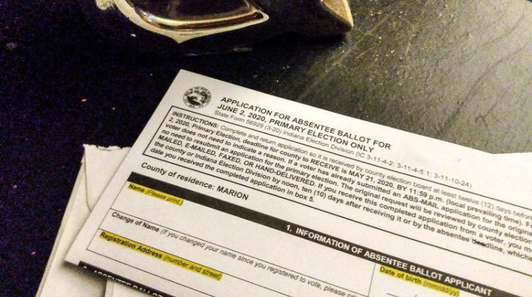 Proposed legislation would ban marking or highlighting an absentee ballot application. The application in the photo, from the 2020 primary, would be deemed defective.  - Lauren Chapman/IPB News