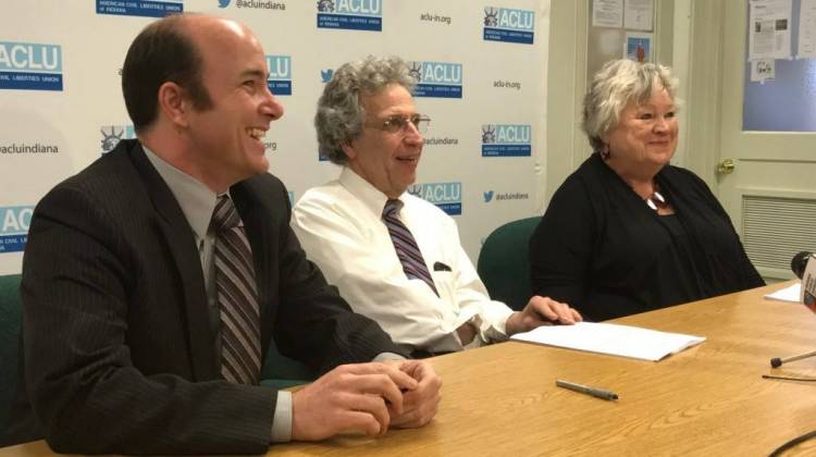 (From left) ACLU of Indiana attorney Gavin Rose, ACLU of Indiana Legal Director Ken Falk and Planned Parenthood of Indiana and Kentucky CEO Betty Cockrum hail a federal court ruling halting a provision from 2016's controversial anti-abortion law. - Brandon Smith/IPB