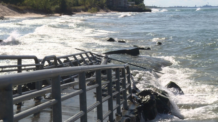 This ramp to help people with disabilities access the beach near Portage Lakefront & Riverwalk has crumbled under the eroding waves. - Tyler Lake/WTIU