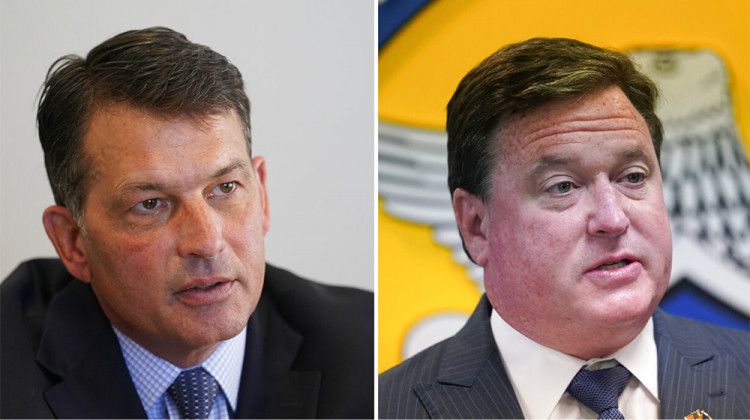 Democratic attorney general candidate Jonathan Weinzapfel (left) and Republican attorney general candidate Todd Rokita (right). - AP Photos/Darron Cummings