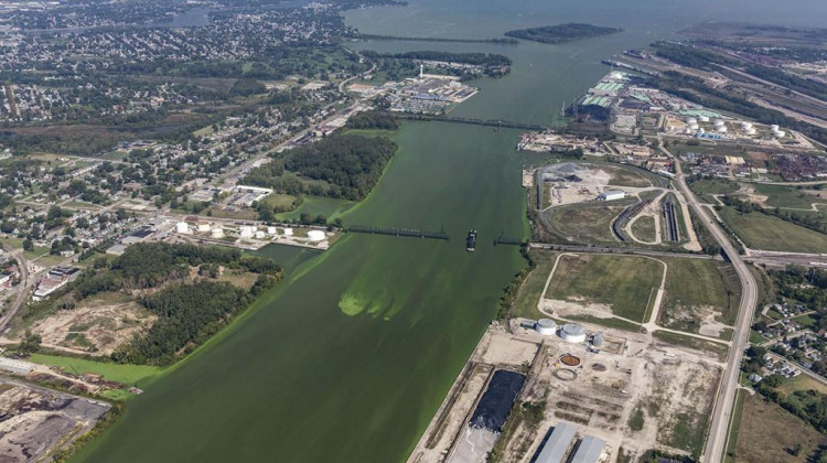 Algae blooms from Lake Erie entered the Maumee River, which begins in Fort Wayne, this year. - Photo courtesy of Aerial Associates Photography, Inc. by Zachary Haslick