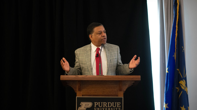 Dr. Rahul Gupta speaks to faculty, students, and community members at Purdue University in West Lafayette, Ind. on Sep.15, 2023.<br/> - Alex Li / Side Effects Public Media