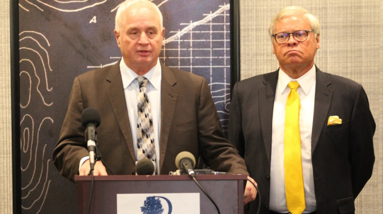 Sen. Rick Niemeyer (R-Lowell) and Sen. Ron Alting (R-Lafayette) at a press conference last year. Niemeyer wouldn't say why the Senate Environmental Affairs Committee won't vote on the climate solutions task force bill co-authored by Alting. - Ben Thorp/WBAA