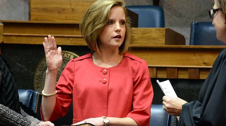 Amanda Banks takes the oath of office from Indiana Chief Justice Loretta Rush. - Brandon Smith