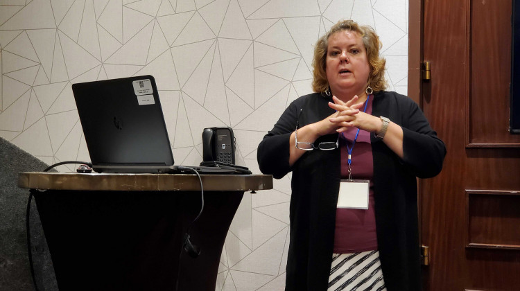 Fair Housing Center of Central Indiana executive director Amy Nelson presents at the annual Indiana Consortium of State and Local Human Rights Agencies Conference.  - Samantha Horton/IPB News