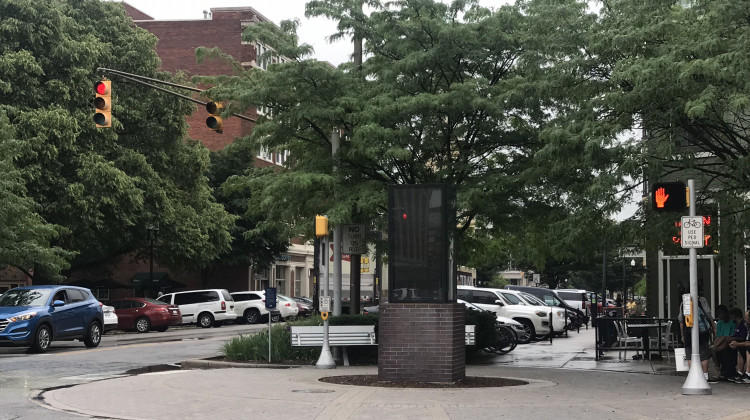 Ann Dancing, an art installation at the intersection of Massachusetts Avenue, Alabama and Vermont streets, has gone dark as it awaits updates. - Emily Cox/WFYI