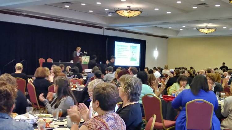 Amy Nelson, executive director of the Fair Housing Center of Central Indiana, speaks at the Indiana Response to Hate Conference. - Lauren Chapman/IPB