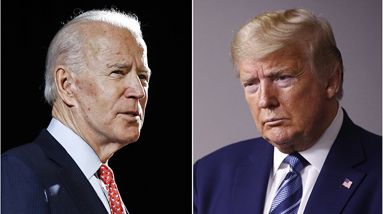 FILE - In this combination of file photos, former Vice President Joe Biden speaks in Wilmington, Del., on March 12, 2020, left, and President Donald Trump speaks at the White House in Washington on April 5, 2020. The November presidential election is six months away.  - AP Photo, File