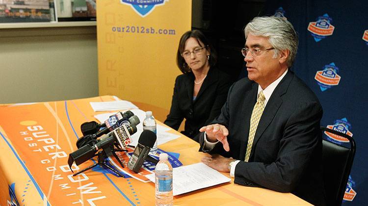 Mark Miles and Allison Melangton give updates on planning of the 2012 Indianapolis Super Bowl during a news conference Monday, April 11, 2011. - AP Photo/Darron Cummings