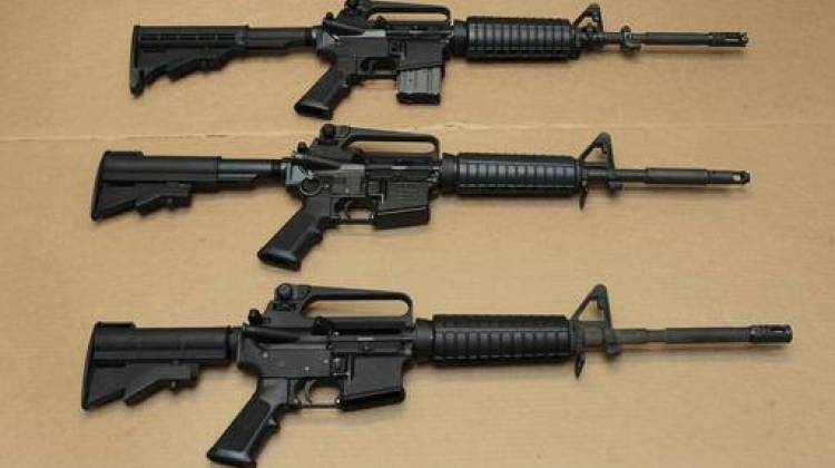 AR-15 assault rifles on display at the California Department of Justice in 2012. - AP file photo
