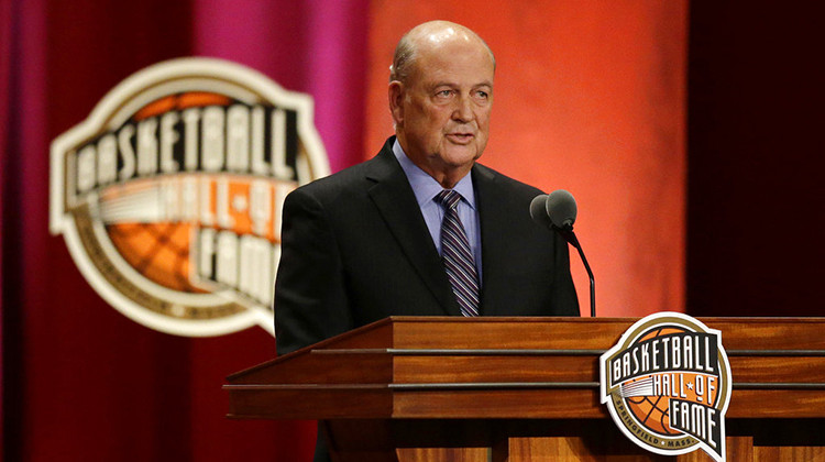 NCAA adminstrator Tom Jernstedt speaks during his enshrinement into the Naismith Memorial Basketball Hall of Fame on Friday, Sept. 8, 2017, in Springfield, Mass. - AP Photo/Stephan Savoia