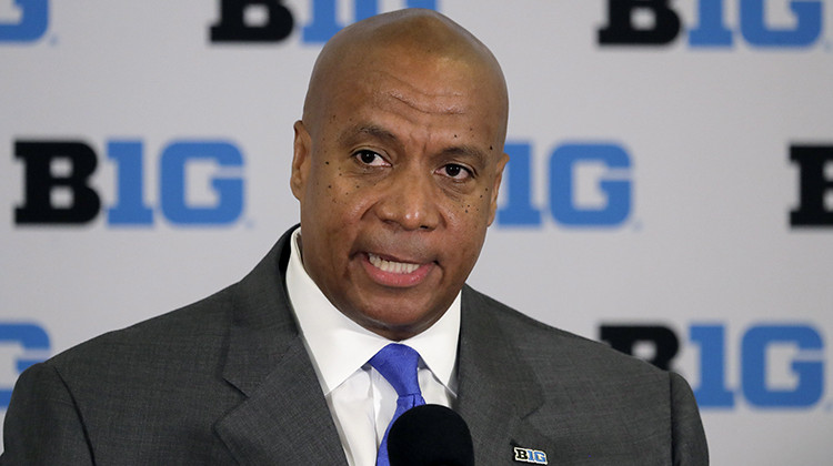FILE - In this June 4, 2019, file photo, Kevin Warren talks to reporters after being named Big Ten Conference Commissioner during a news conference in Rosemont, Ill. The Big Ten announced Tuesday won't play football this fall because of concerns about COVID-19. - AP Photo/Charles Rex Arbogast, File