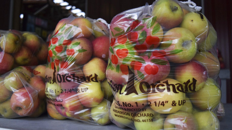 Apples are bagged at Anderson Orchard, Friday, Oct. 2, 2020, Mooresville, Ind. During what would normally be primetime for Midwest apple-picking, orchards around Indiana are running out of apples early this season following a late spring freeze that obliterated much of the state’s crop.  - AP Photo/Casey Smith