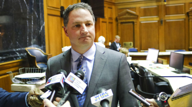 In this file photo taken on Monday, March 9, 2020, Speaker of the House Todd Huston, R-Fishers, speaks with the media after being sworn in at the Statehouse in Indianapolis. Huston is trying to hold onto his suburban Indianapolis district that’s shifted away from reliably Republican as he faces his first election since March, when he took over the powerful position that controls much of the General Assembly’s action. He faces Democratic challenger Aimee Rivera Cole, who received 46%  - AP Photo/AJ Mast