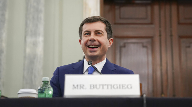 Transportation Secretary nominee Pete Buttigieg smiles during a Senate Commerce, Science and Transportation Committee confirmation hearing on Capitol Hill, Thursday, Jan. 21, 2021, in Washington.  - Stefani Reynolds/Pool via AP