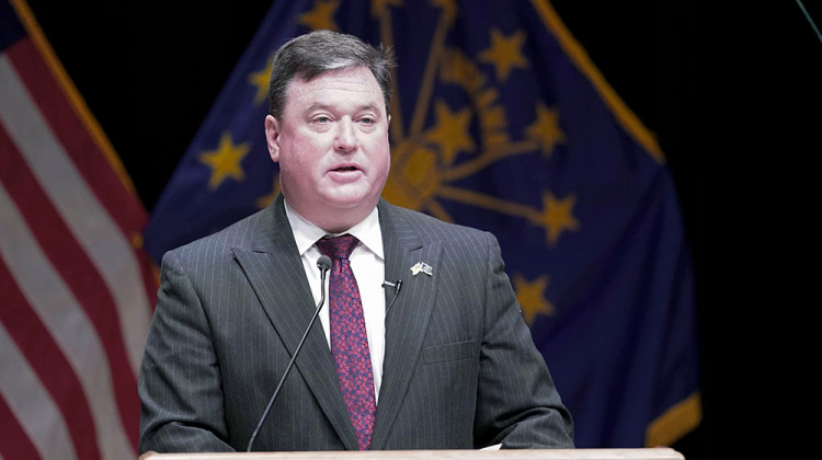 FILE - In this Jan. 11, 2021 file photo, Indiana's attorney general Todd Rokita speaks, in Indianapolis. The state attorney general's office offered a vigorous defense of the governor's emergency powers in response to an Indiana restaurant's lawsuit that challenges Gov. Eric Holcomb's executive order requiring masks to be worn in restaurants around Indiana.  - AP Photo/Darron Cummings, File