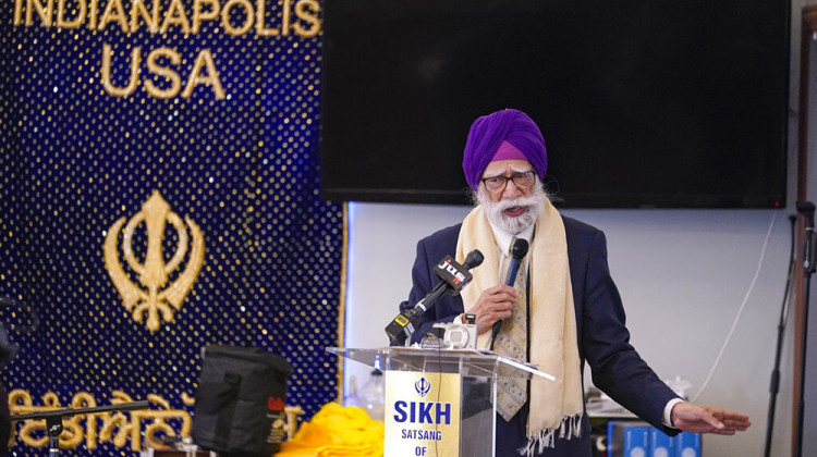 K.P. Singh speaks to members of the Sikh Coalition as they gather at the Sikh Satsang of Indianapolis in Indianapolis, Saturday, April 17, 2021 to formulate the groups response to the shooting at a FedEx facility in Indianapolis that claimed the lives of four members of the Sikh community. - AP Photo/Michael Conroy