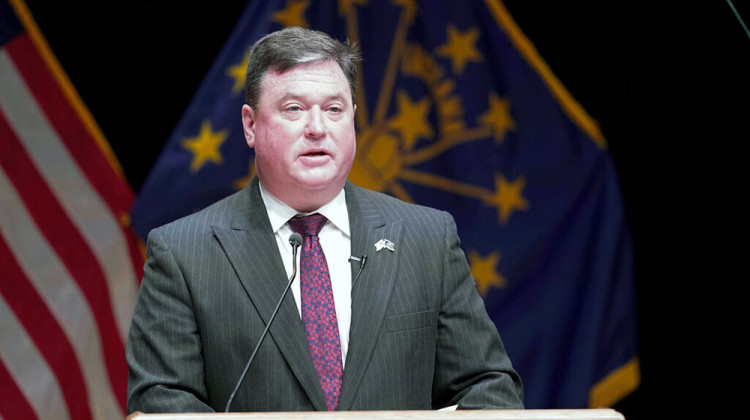 FILE - In this Jan. 11, 2021 file photo, Indiana's attorney general Todd Rokita speaks, in Indianapolis. Indiana's attorney general took aim Friday, May 1, 2021, at Gov. Eric Holcomb's attempt to block a new law giving state legislators more authority to intervene during public emergencies declared by the governor. - AP Photo/Darron Cummings, File