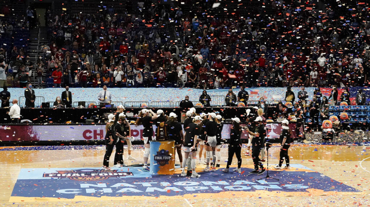 FILE - Stanford players celebrate on the court after the championship game against Arizona in the women's Final Four NCAA college basketball tournament in San Antonio, in this Sunday, April 4, 2021, file photo.  - AP Photo/Morry Gash, File