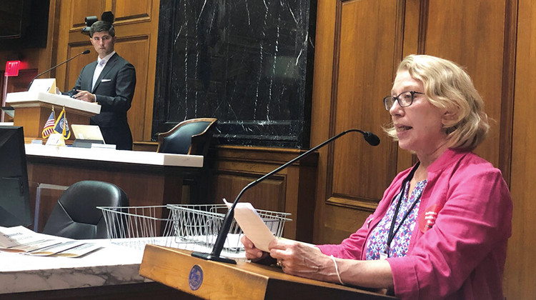 Julia Vaughn, executive director of Common Cause Indiana, speaks during a legislative redistricting hearing as Republican Rep. Tim Wesco, chairman of the Indiana House Elections Committee, looks on at the Indiana Statehouse in Indianapolis on Aug. 11, 2021.  - AP Photo/Tom Davies