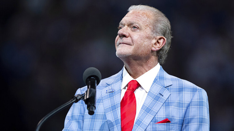 Indianapolis Colts owner Jim Irsay talks during the Hall of Fame ring ceremony for Peyton Manning and Edgerrin James during an NFL football game, Sunday, Sept. 19, 2021, in Indianapolis. - AP Photo/Zach Bolinger