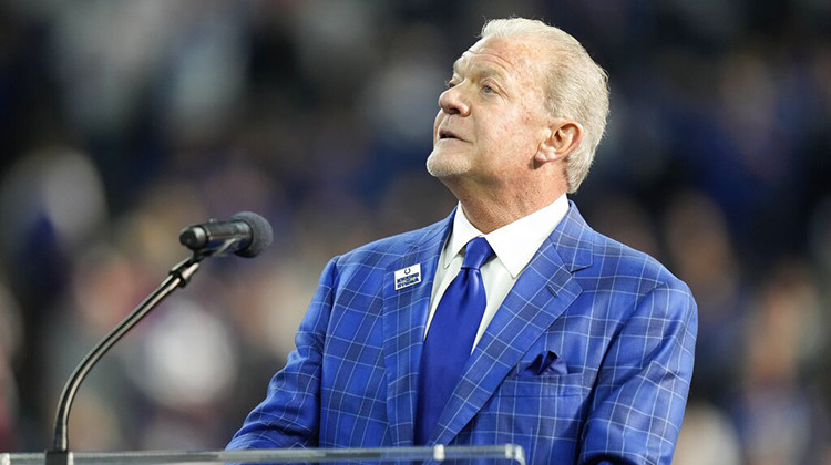 Indianapolis Colts owner Jim Irsay speaks during a Ring of Honor ceremony during halftime of an NFL football game against the Tampa Bay Buccaneers, Sunday, Nov. 28, 2021, in Indianapolis.  - AP Photo/AJ Mast