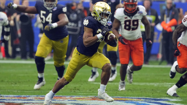 Notre Dame running back Kyren Williams (23) during the second half of the Fiesta Bowl NCAA college football game against Oklahoma State, Saturday, Jan. 1, 2022, in Glendale, Ariz. - Rick Scuteri / Associated Press