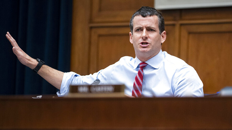 FILE - Rep. Trey Hollingsworth, R-Ind., speaks during a House Financial Services Committee hearing, Sept. 30, 2021 on Capitol Hill in Washington.  - Al Drago/Pool via AP, File